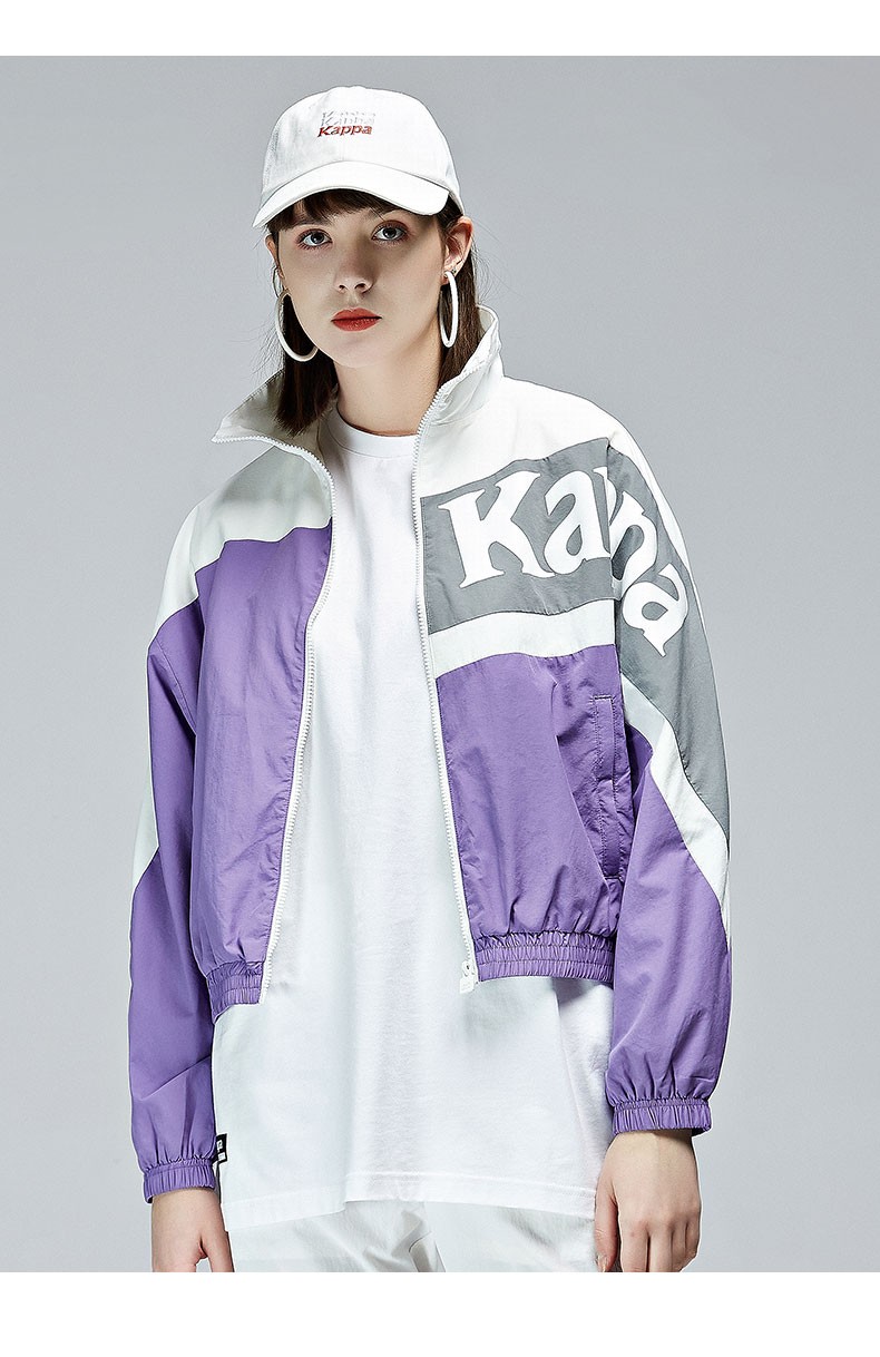 kappa卡帕梭织茄克2021新款女运动外套撞色休闲卫衣开衫长袖绚紫色434
