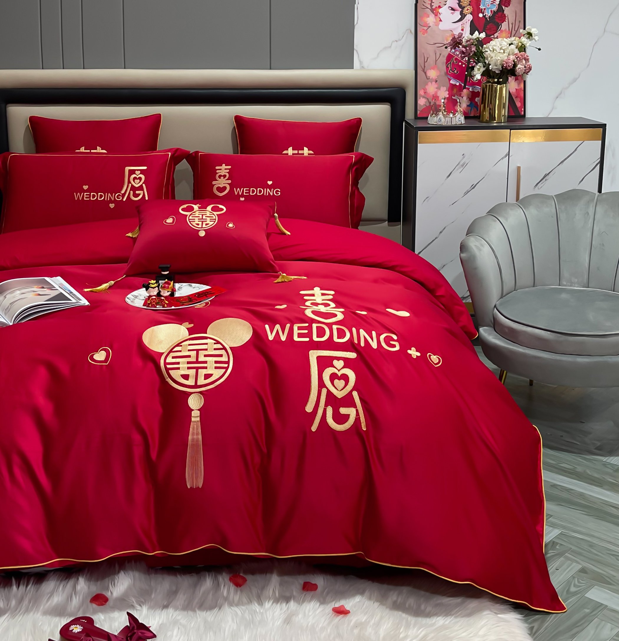 高端结婚庆四件套大红床上用品纯棉全棉简约刺绣新婚房嫁喜被套笠甜蜜