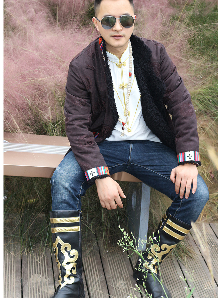 西木柒藏族衣服男新款藏袍男冬季藏装黑毛加绒保暖短款氆氇西藏民族风