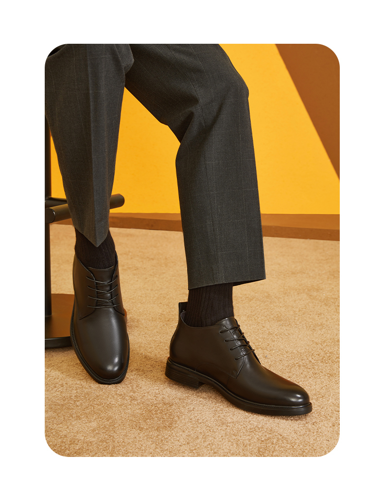 热风男靴2021年冬季新款时尚商务皮鞋牛皮面短筒通勤短靴男01黑色41正