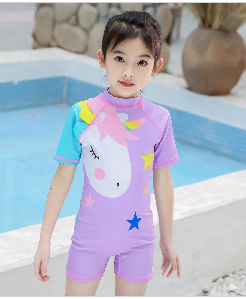 商场同款网红ins风儿童游泳套装带帽子3-11岁儿童泳衣女童连体小童