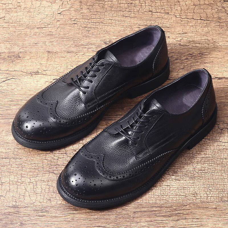 catsecrocs英伦风潮流商务正装复古褶皱牛皮鞋男士布洛克雕花休闲圆头