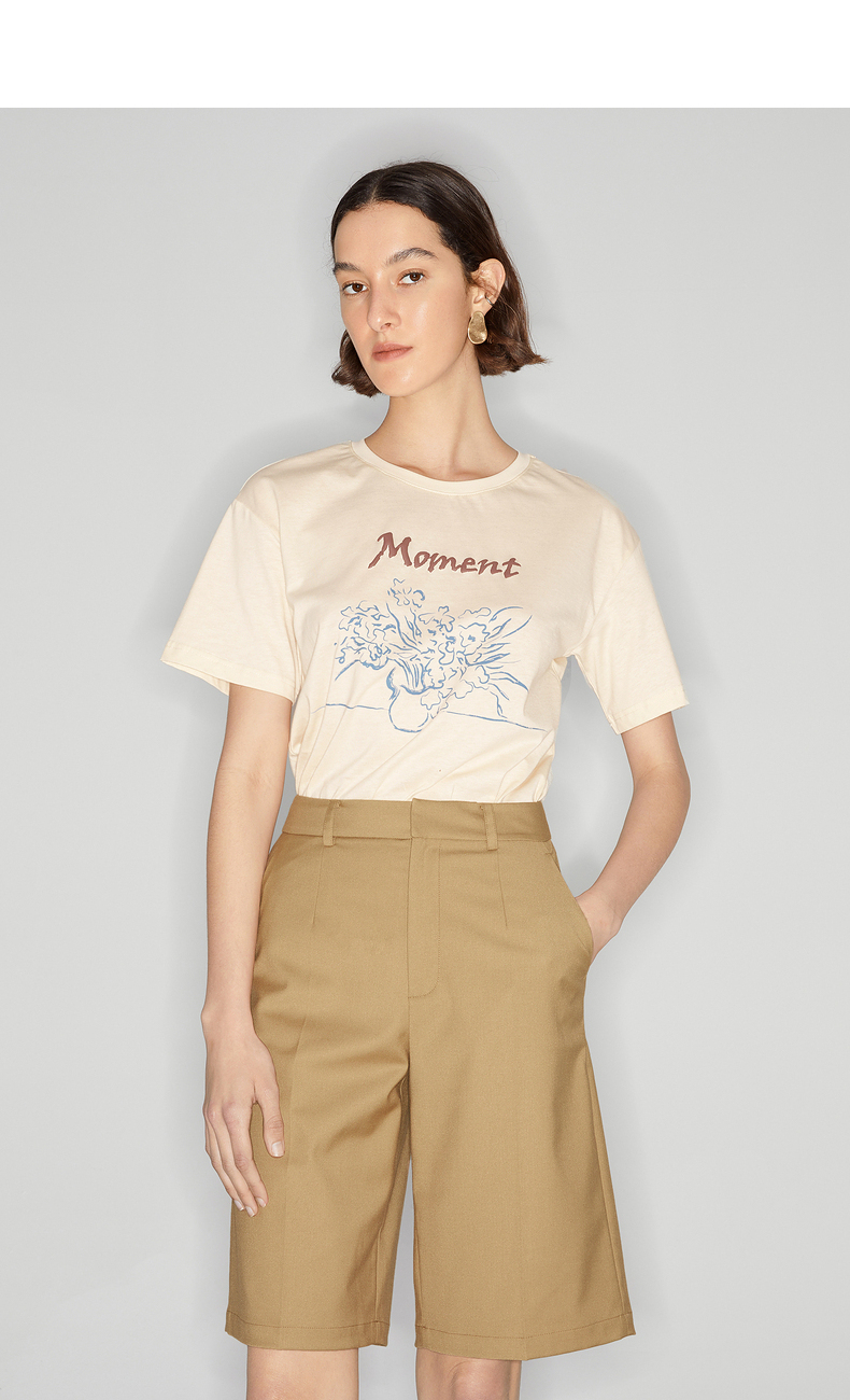 mm麦檬春夏新款自然而然纯棉米色印花舒适短袖t恤女夏5c3200151浅米色