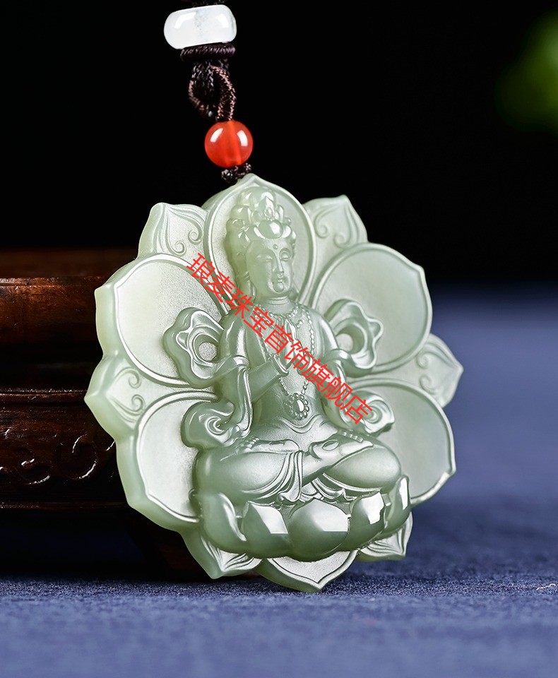 新疆和田玉观音吊坠男士款莲花观音玉佩挂件手工雕刻个性玉石项链