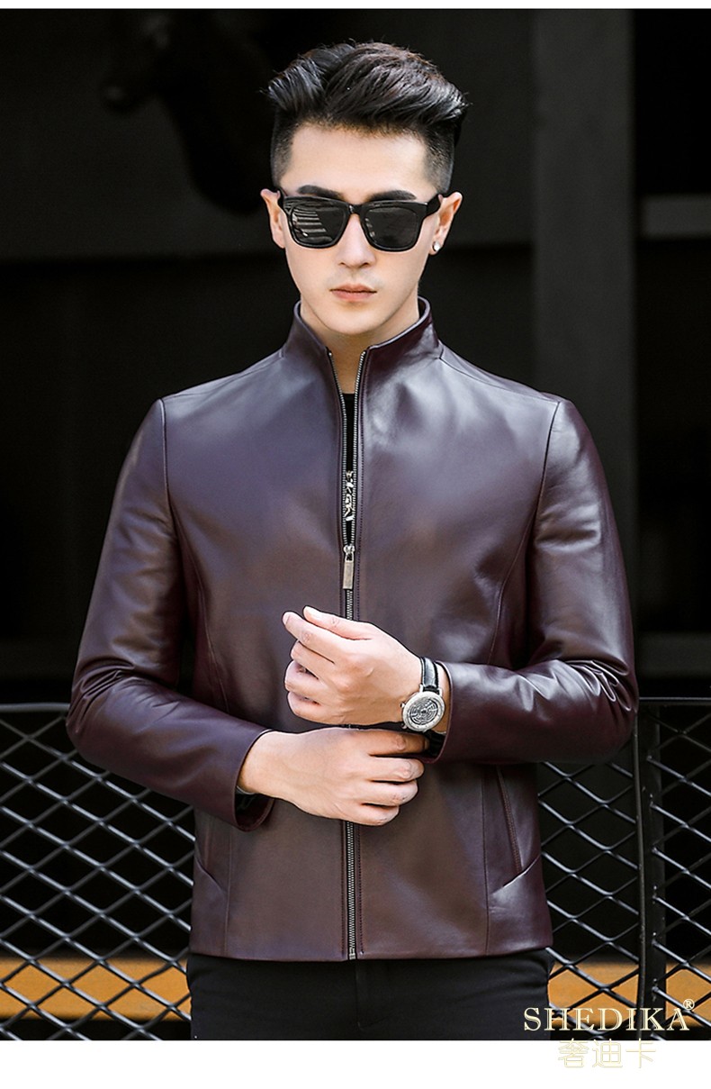 皮衣男绵羊皮短款立领修身男士皮夹克加绒加厚外套潮黑色内里加绒165m