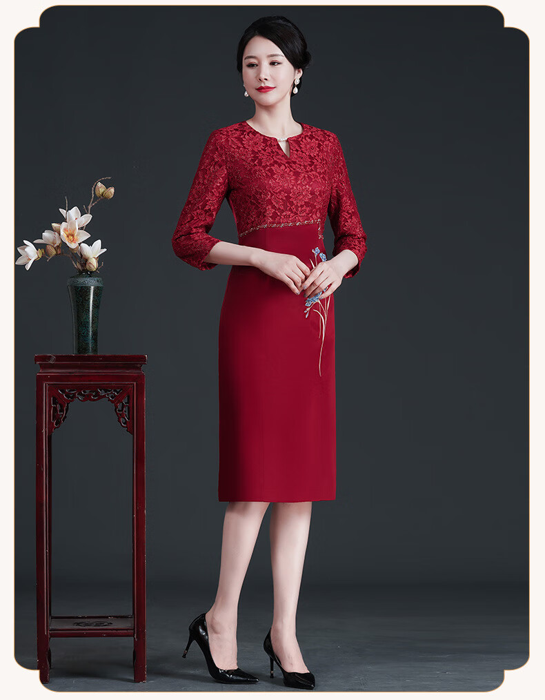 喜婆婆秋季服装小个子重磅醋酸缎绣花改良旗袍晚礼服优雅婚礼妈妈装