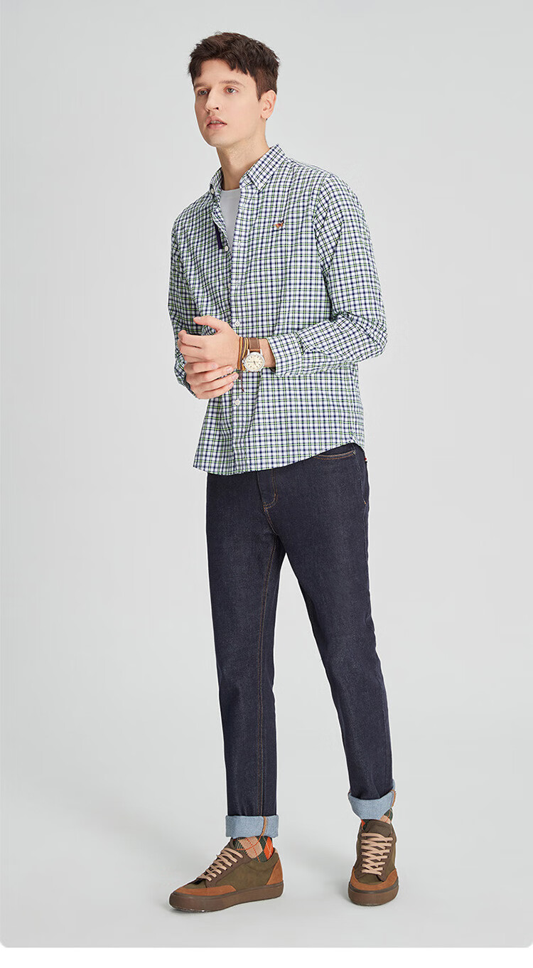 londapolo伦德保罗高端纯棉男士长袖衬衫新款潮流休闲格子衬衣绿格色