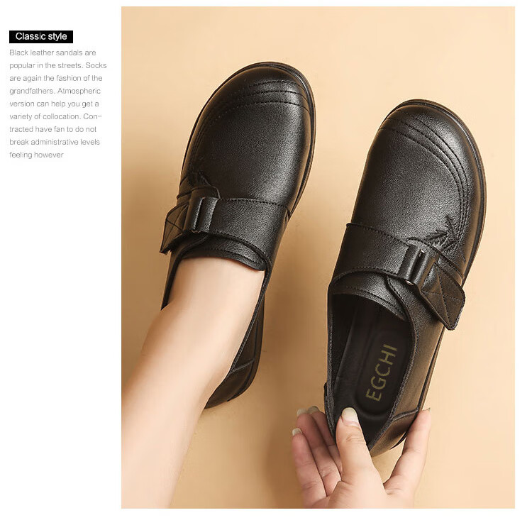 EGCHI Mom Shoes, Casual Top-Grain Leather Soft-Soled Flats, Non-Slip Flat Walking Leather Shoes, H2168, Black, Size 39 10
