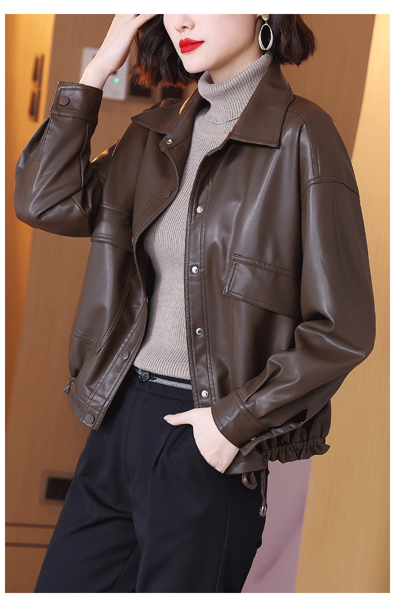 棕色皮衣外套女2022年春装新款中年妈妈短款大码拉链pu皮夹克春款棕色