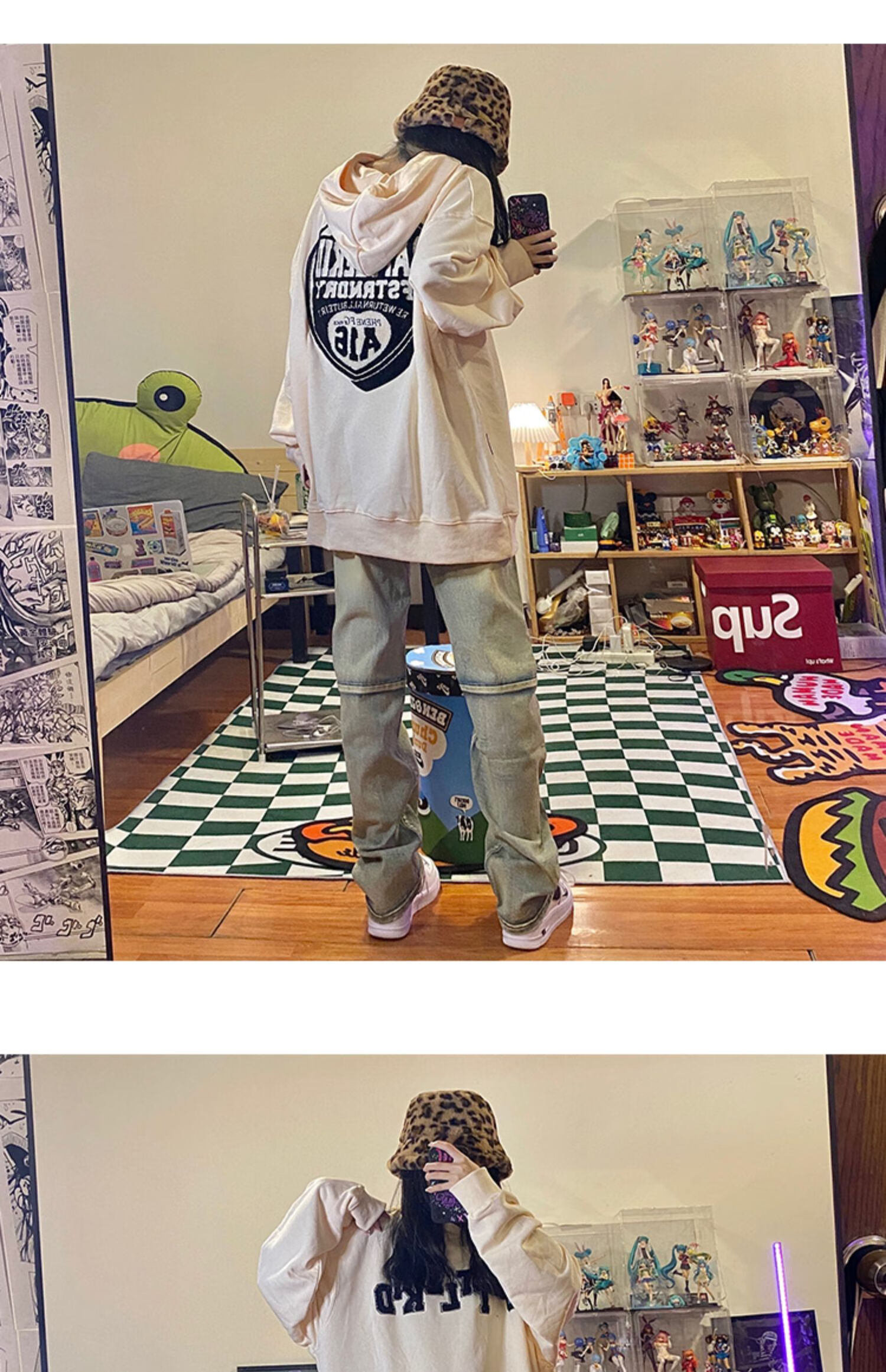 big eaters 水洗做旧膝盖破洞牛仔裤显瘦微喇叭高街破坏裤长裤潮 杏色