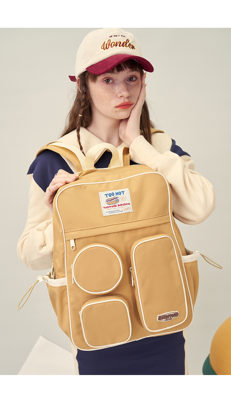 vanwalk复古食物创意几何多口袋大学生校园书包男女情侣双肩包工装ins