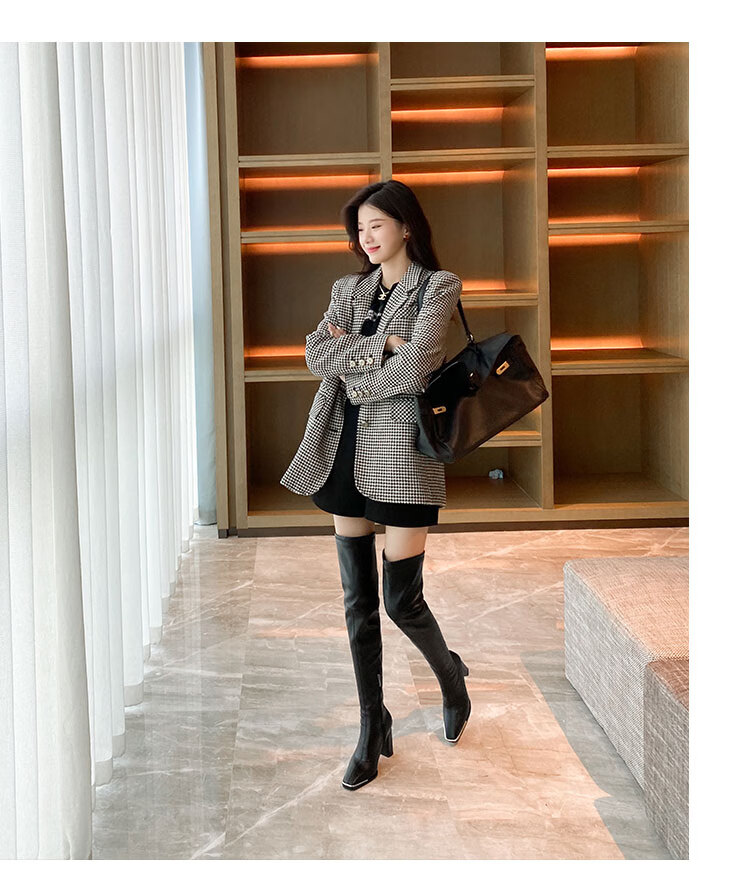 漆皮过膝长靴女长筒靴黑色秋冬季高跟靴真皮超长大腿靴子高筒靴 哑光