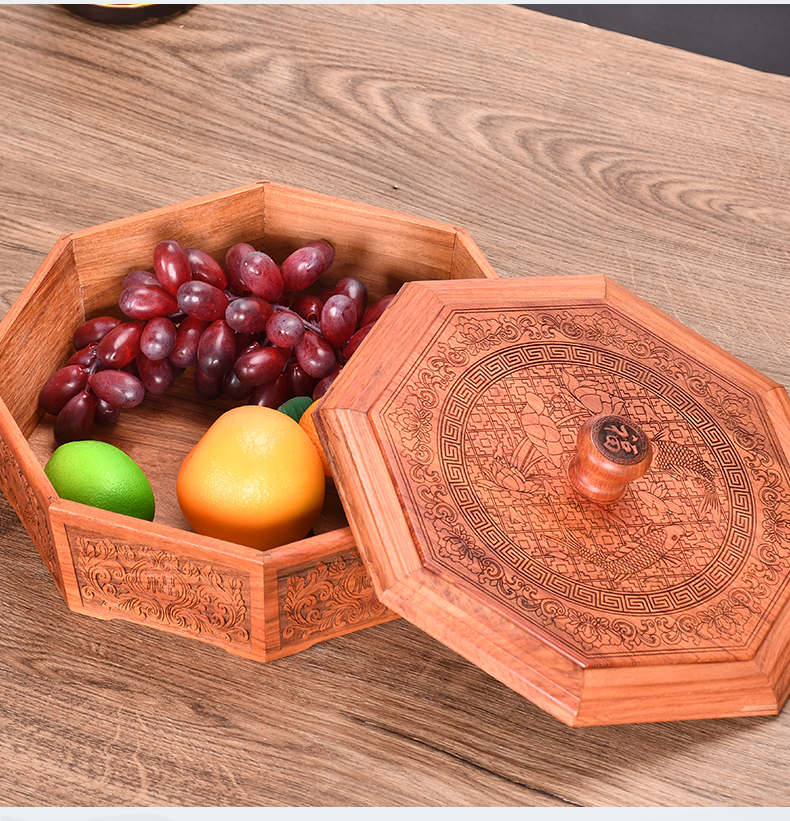 鼎物缅甸花梨木果盘八角分格带盖实木零食糖果盒中式红木家用客厅茶几