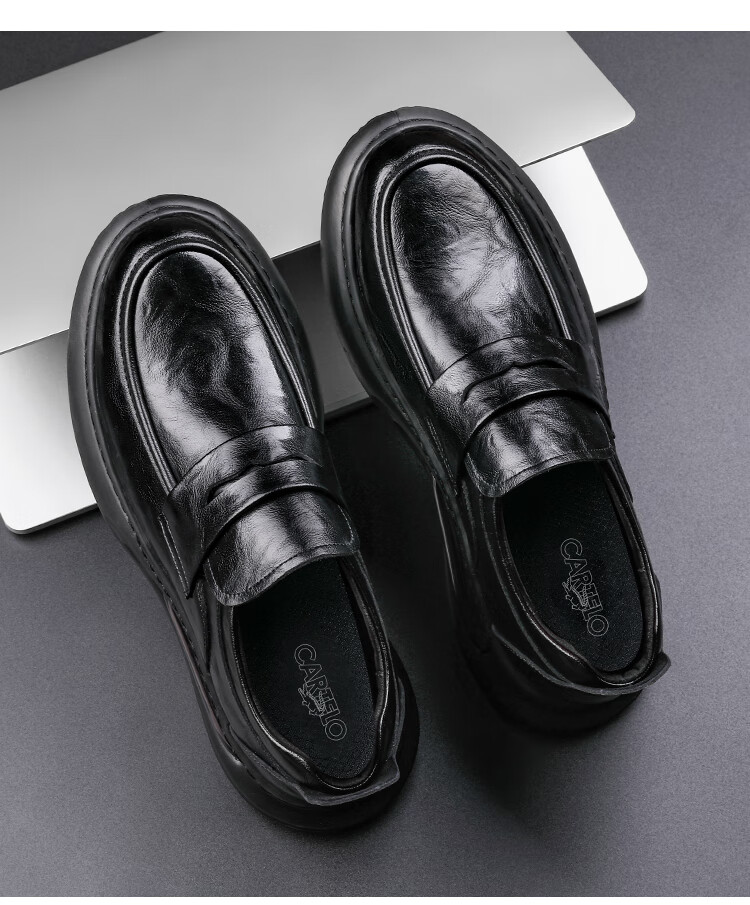 CARTELO Business Casual Leather Shoes with Height-Increasing Air Cushion, Thick-Soled Loafers, Slip-On Elevated Leather Shoes for Men, 9992 Black, Size 40 6