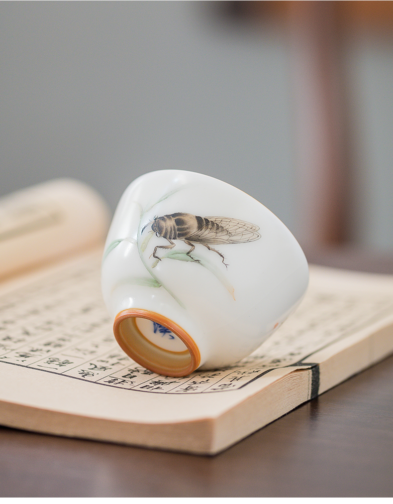 溪陶坊汝窑景德镇手工手绘金风送爽杯品茗杯象牙白开片可养礼盒装金风