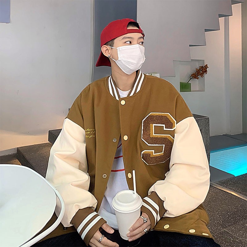 边七美式街头复古棒球服外套男秋冬季潮牌宽松毛巾绣夹克潮流休闲慵懒