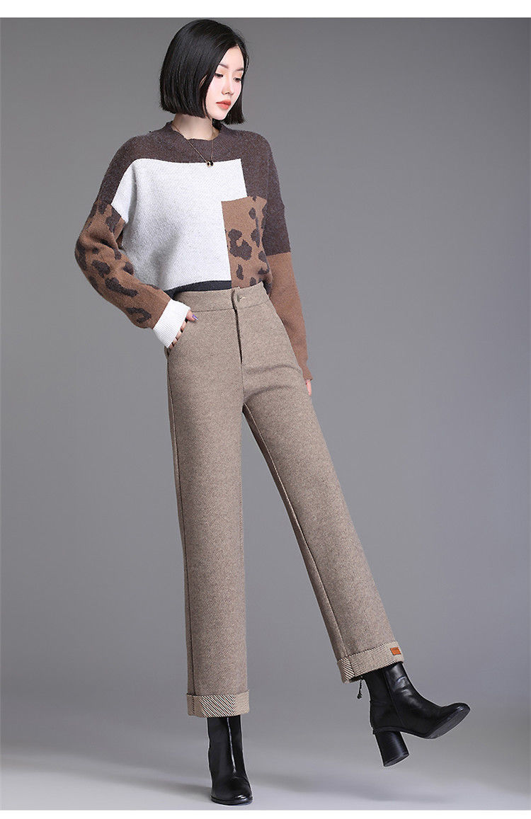 显瘦休闲直筒长裤女九分毛呢裤子女秋冬小个子阔腿裤卷边休闲加绒加厚