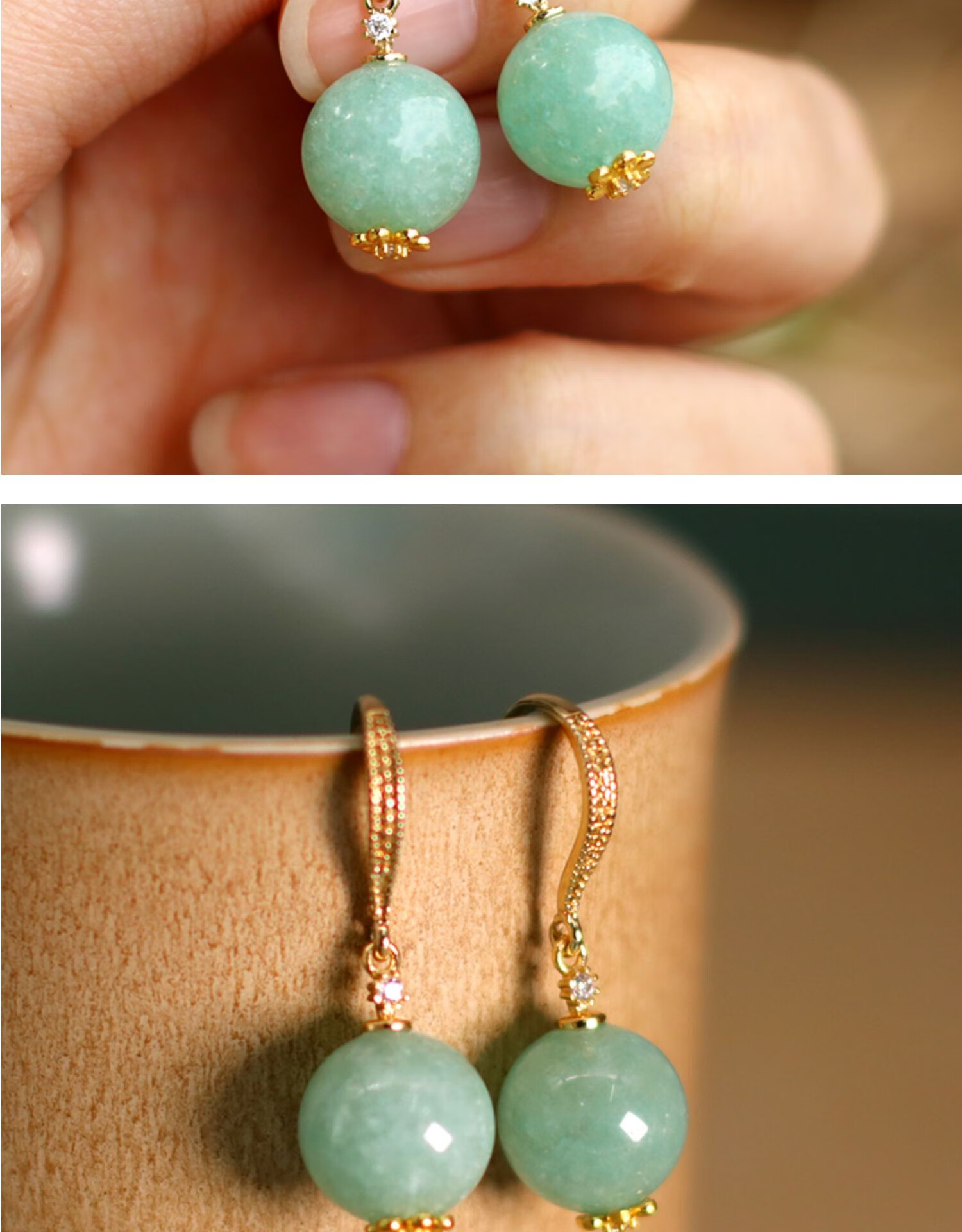 天然翡翠圆珠耳环银镶嵌宝石耳坠精致耳饰小众设计感a货天然可出证书