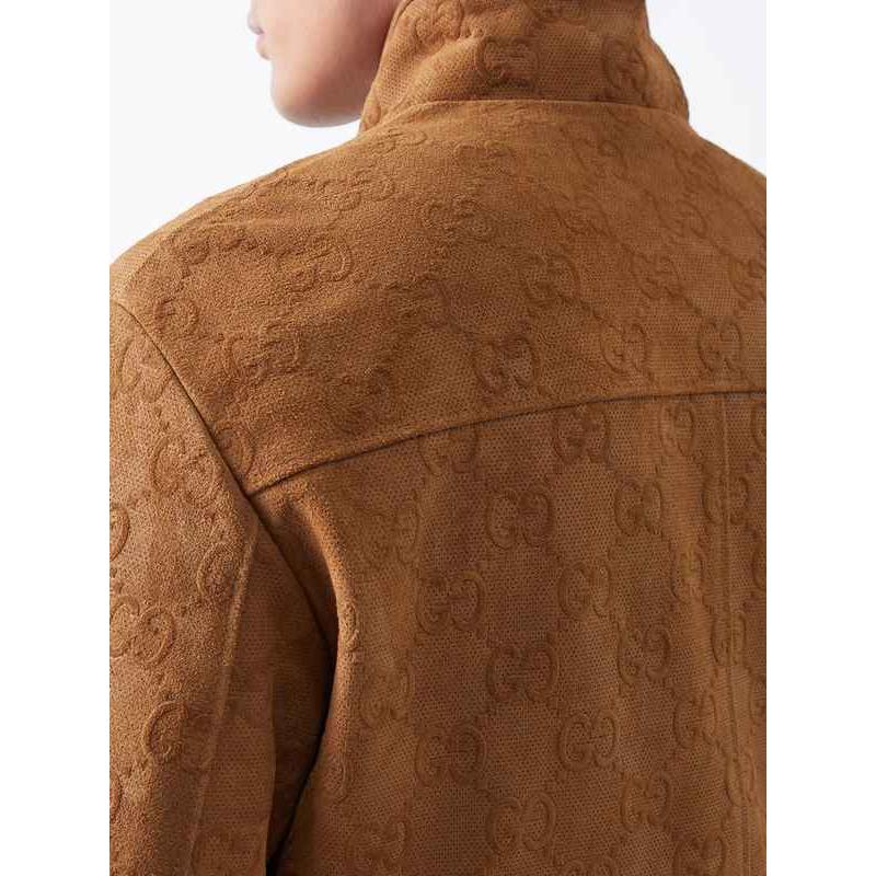 古驰gucci服装男士奢侈品gg提花工艺皮革短夹克brown52euit