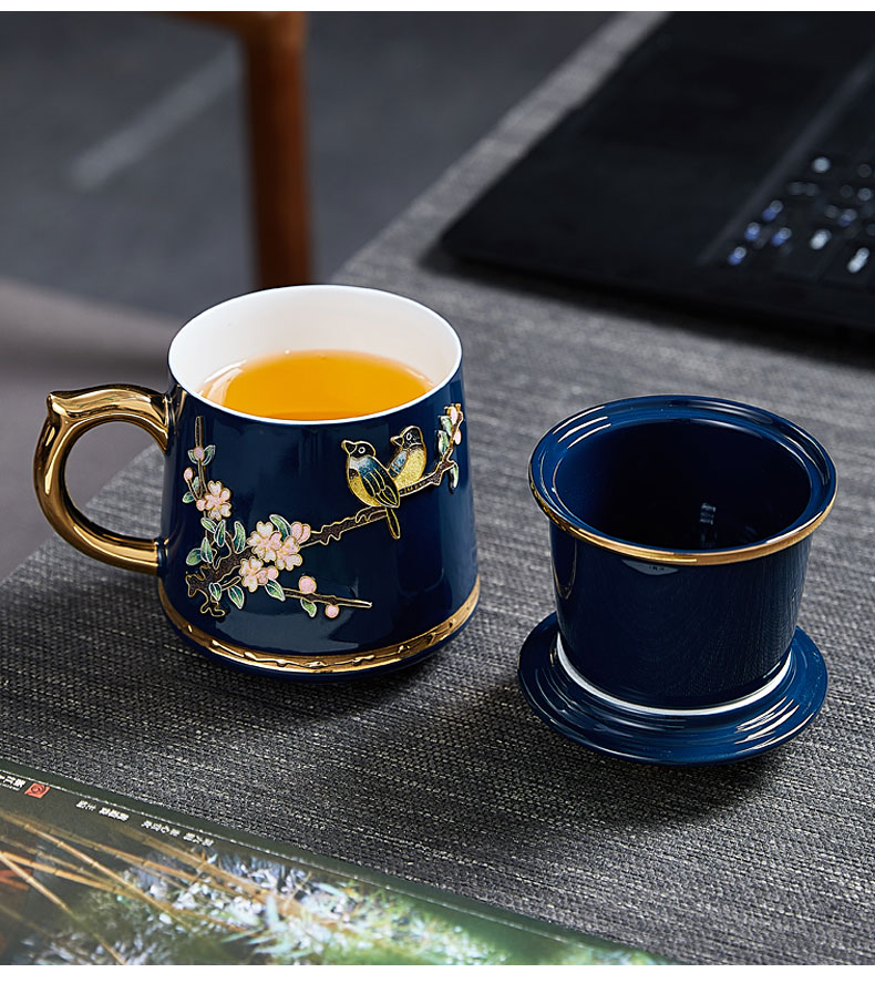 广乾陶瓷茶壶水分离泡茶杯景泰蓝水杯手工茶具男女款功夫泡茶杯家用带