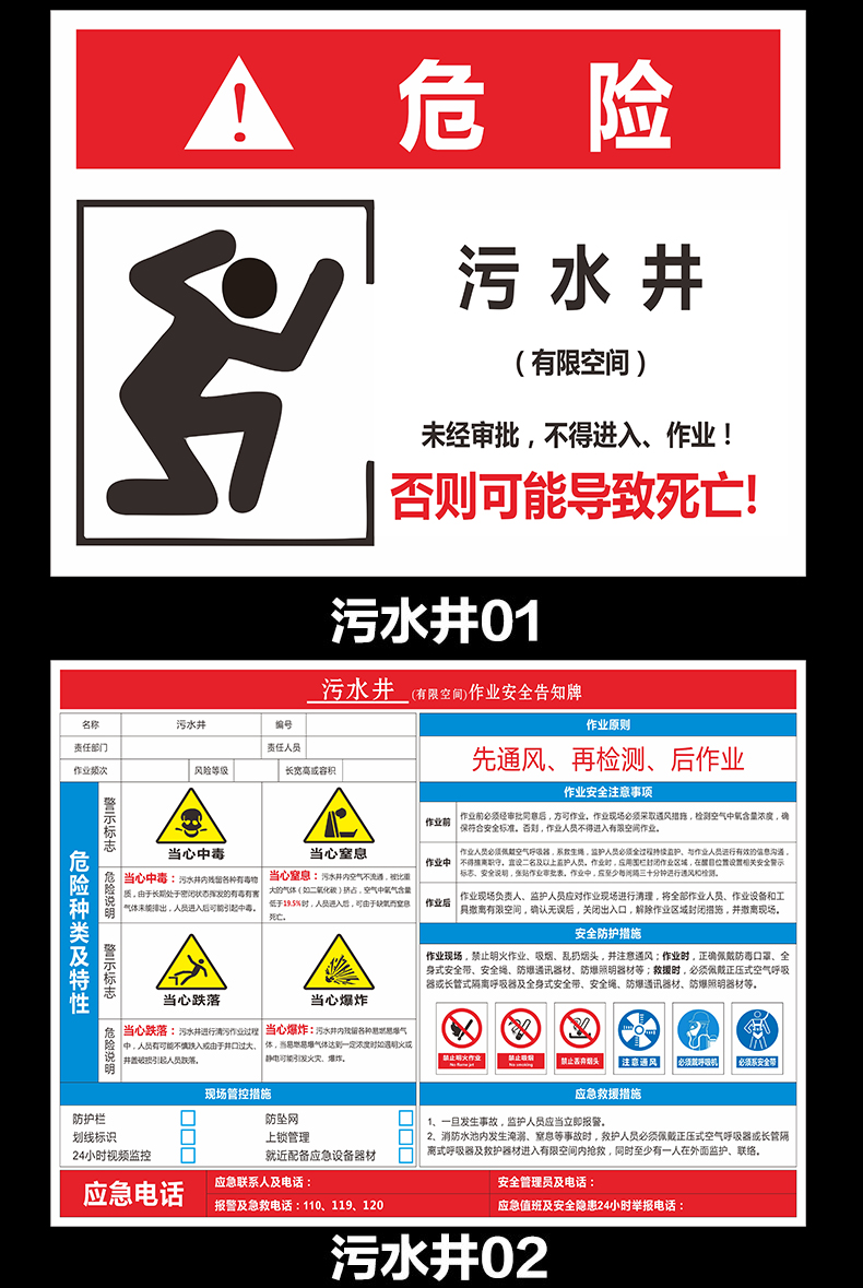 消防水池作业安全危害告知牌有限空间受限警示牌告知卡pvc塑料板支持
