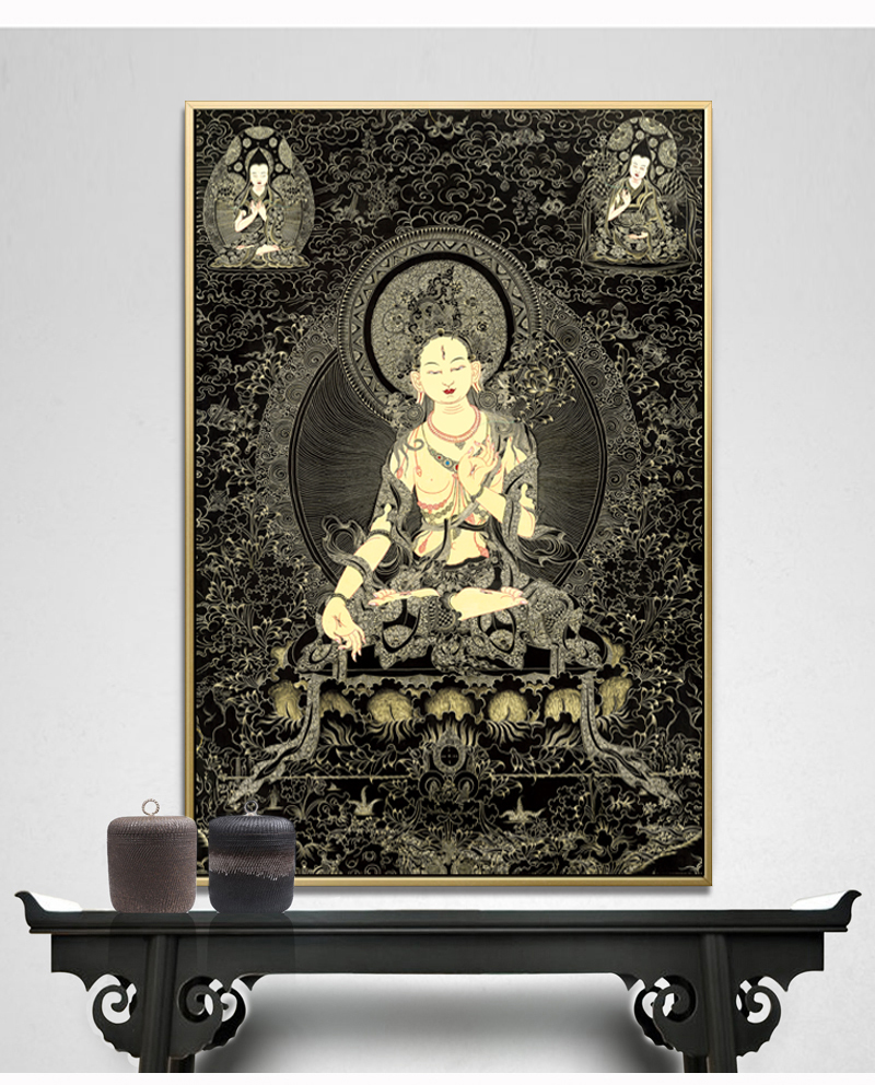 新品轻奢高端黑唐卡装饰画财神财宝天王办公室画客厅藏式入户挂画文殊