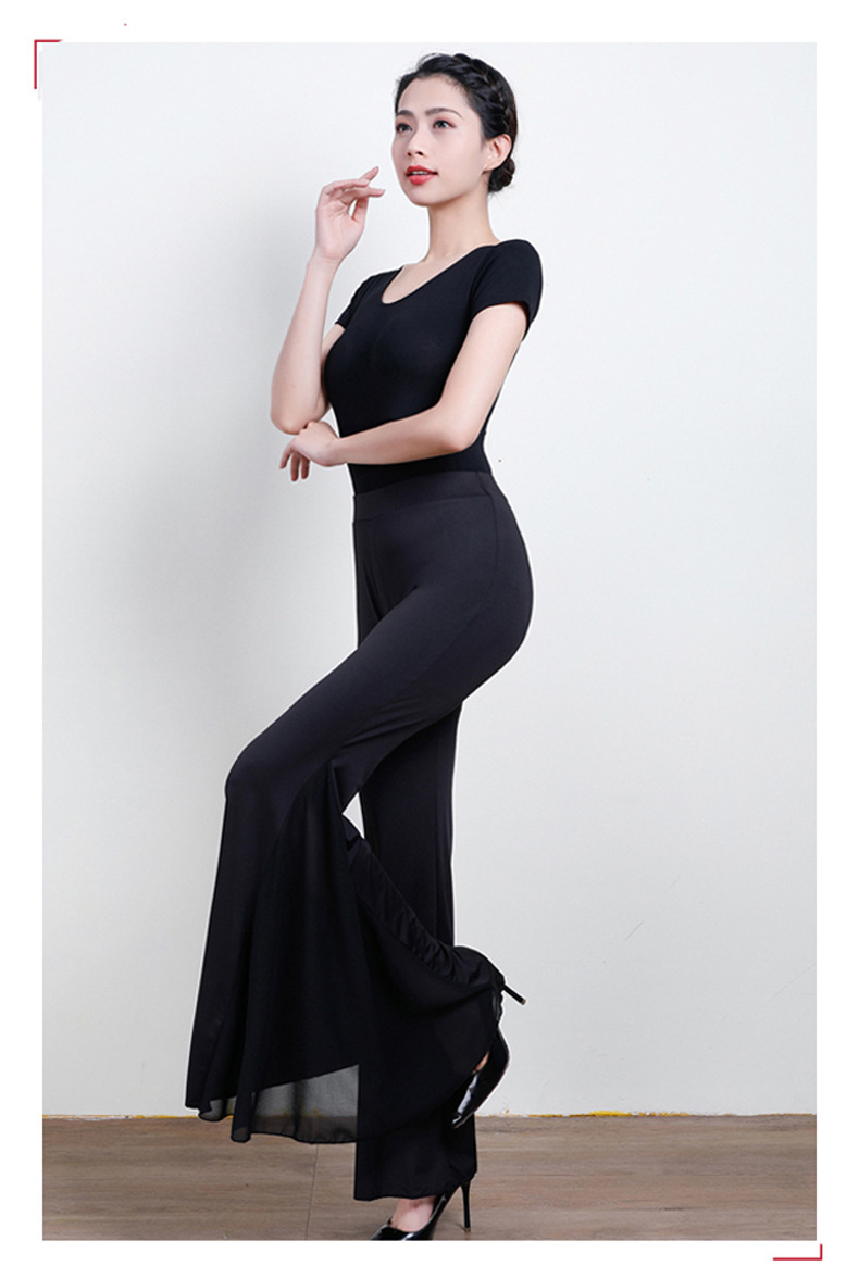 舞蹈裤女形体走秀练功裤肚皮舞跳舞裤宽松牛奶丝网纱拼接大喇叭裤大