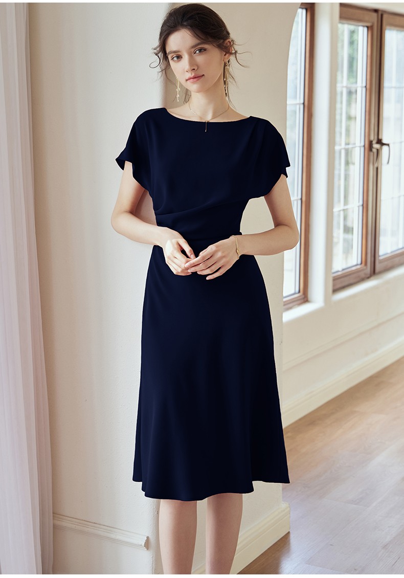 roeyshouse罗衣知性连衣裙女2022夏装新款气质蝙蝠袖褶皱大摆裙06560