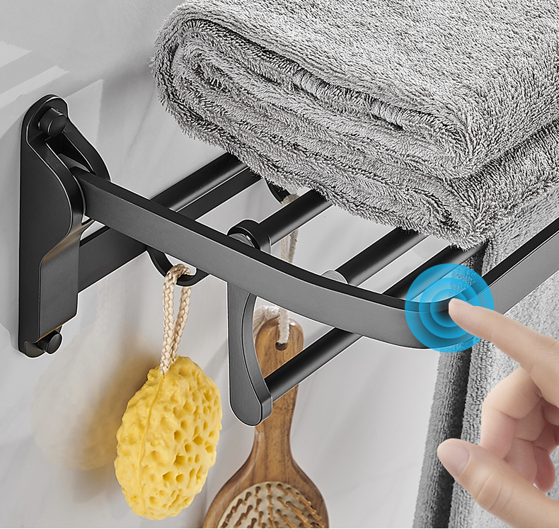 免打孔太空铝折叠毛巾架浴室壁挂式置物架卫生间厕所浴巾架洗手间雅黑