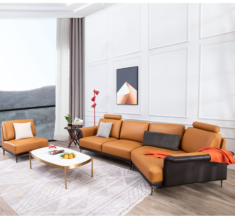 慕思(de rucci)真皮沙发 艾慕客厅皮艺家具现代简约转角皮沙发 撞色