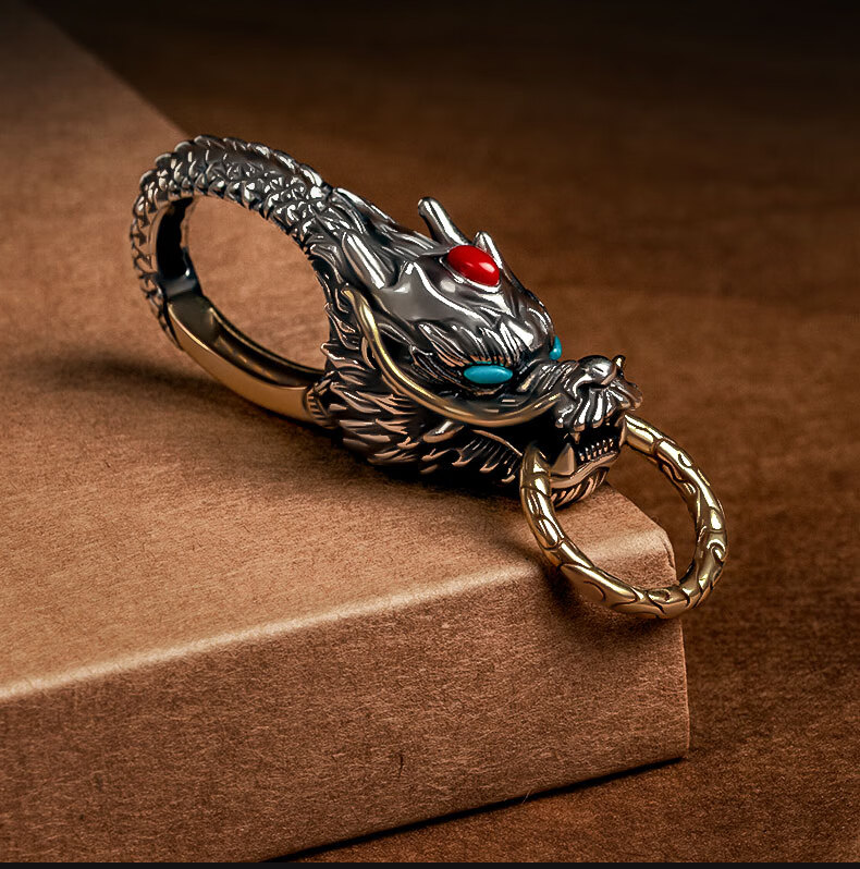 高档999银925纯足银龙头汽车钥匙扣挂件挂饰吊坠男士腰挂件复古个性