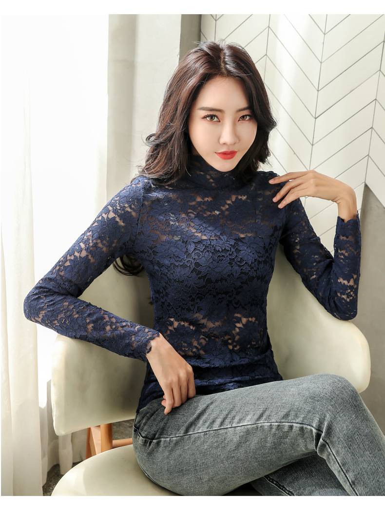 高领打底衫女秋冬2021早秋网纱镂空蕾丝加绒长袖洋气冬季新款内搭上衣