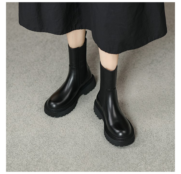 烟管靴小个子厚底切尔西短靴女春秋烟筒靴英伦中跟马丁靴棕色单里34