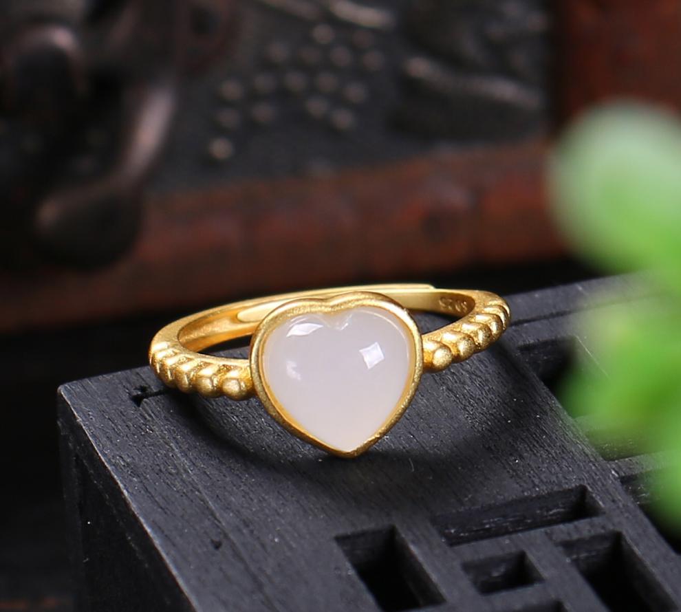 efp爱心戒指和田玉白玉爱心礼物送女友女朋友开口定制款爱心1314