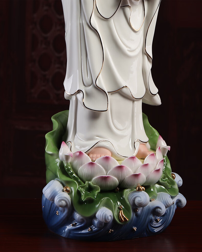 七珍26吋立荷观音佛像摆件陶瓷观世音菩萨立像居家供奉佛堂家用h9610c