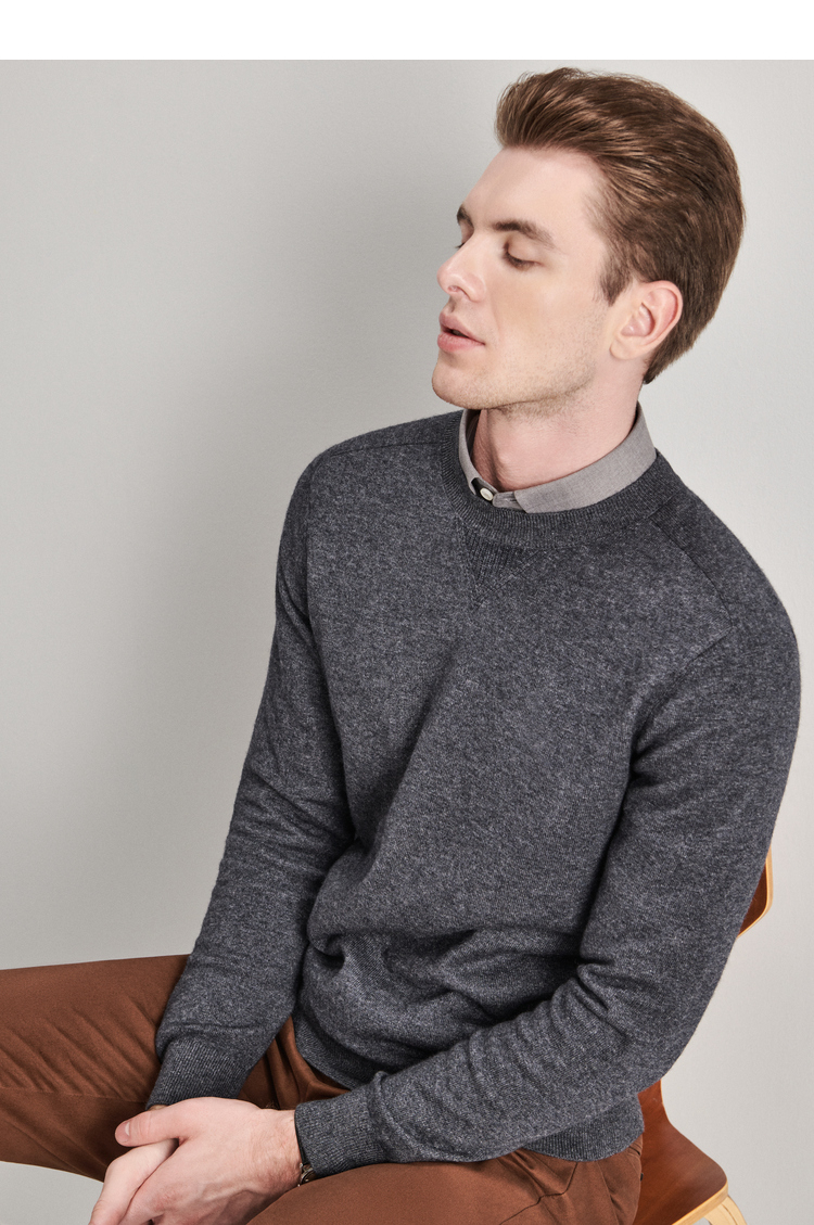 鄂尔多斯emz早春易打理圆领羊毛衫男士领口v形提花毛衣针织衫含山羊绒