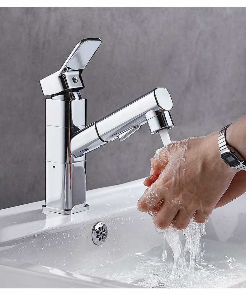 池黑色面盆水龙头冷热洗头五代方体雅黑矮款三模式上出水静音管旋转