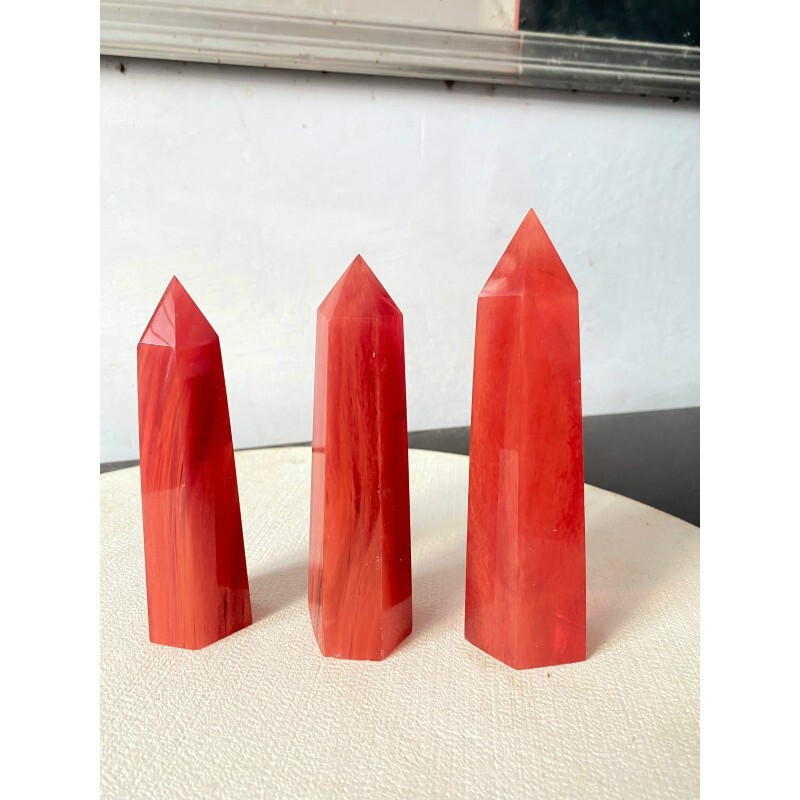 豪珠天然红水晶柱六菱柱能量柱转运风水摆件可以定制长短大小柱高10