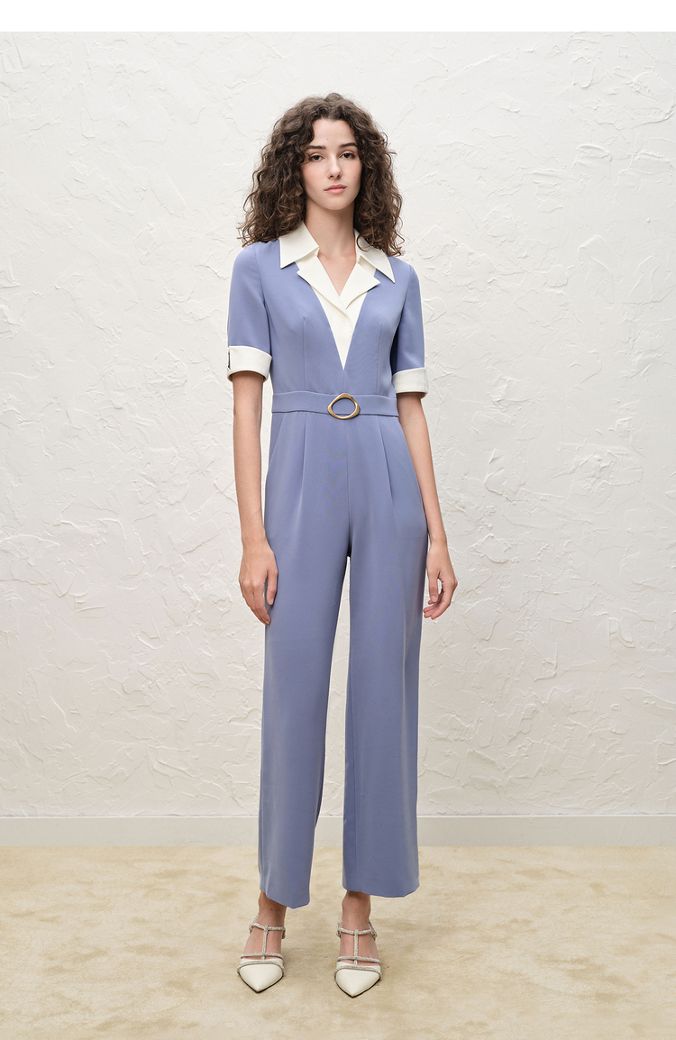 obbligato奥丽嘉朵2022春季新品通勤显瘦青竹蓝撞色翻领连体服1c6