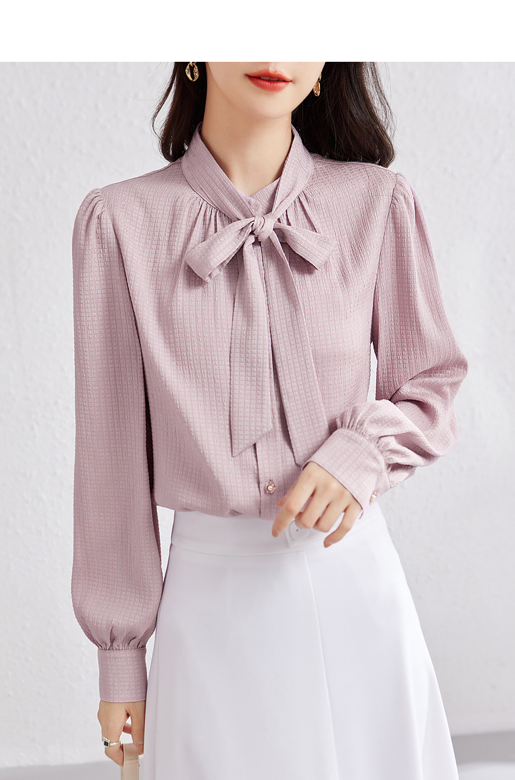 尚都比拉气质浪漫飘带领法式泡泡袖衬衫女2022春季新款小个子衬衣粉