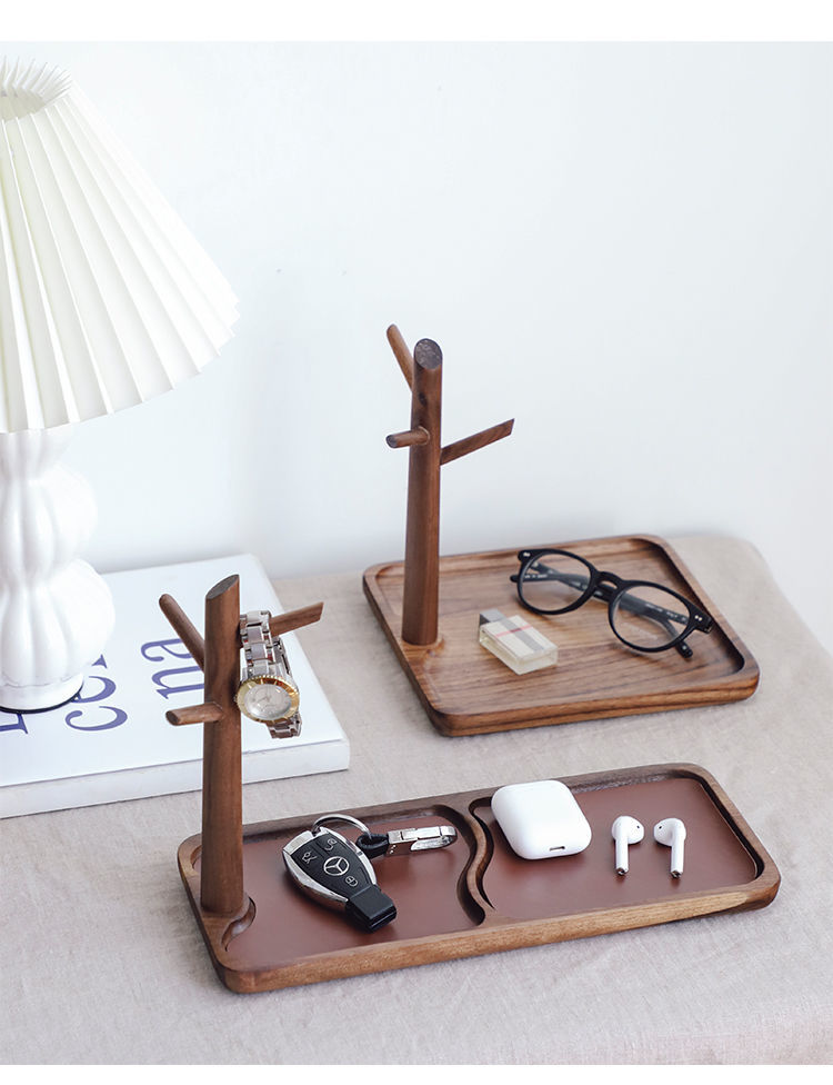 北欧实木钥匙架创意挂钩架子玄关摆件置物收纳盒客厅桌面收纳盘北美黑