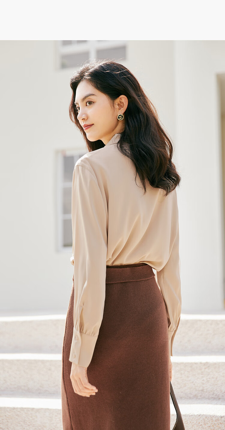 感衬衫女2021冬季新款气质百搭飘带领中长款雪纺小上衣卡其色16084am