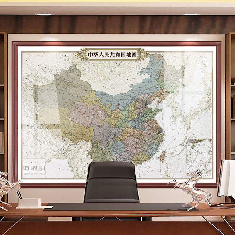 实木世界中国地图办公室背景墙墙面超大装饰画可标记复古带框挂画现代
