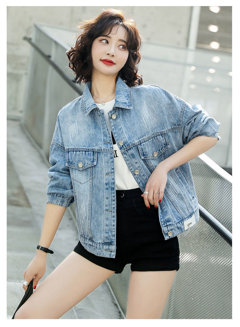 牛仔外套女短款2021春秋季新款韩版宽松港味小个子夹克上衣潮酒红色xl