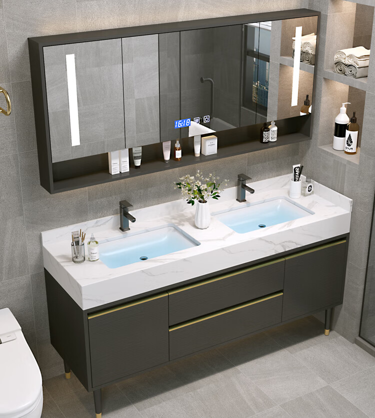 科勒(kohler) 轻奢卫生间智能岩板双盆浴室柜组合现代简约洗手洗脸盆