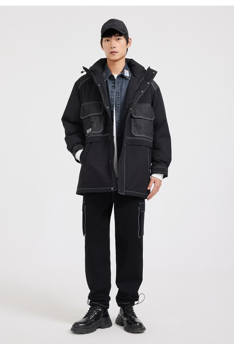 cabbeen/卡宾男装休闲羽绒外套2021新款潮流牛仔拼接反光银明线h 煤