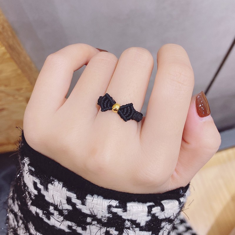 老凤凰在逃公主戒指女黄金食指指环编织蝴蝶结3d硬金小金珠送闺蜜手绳