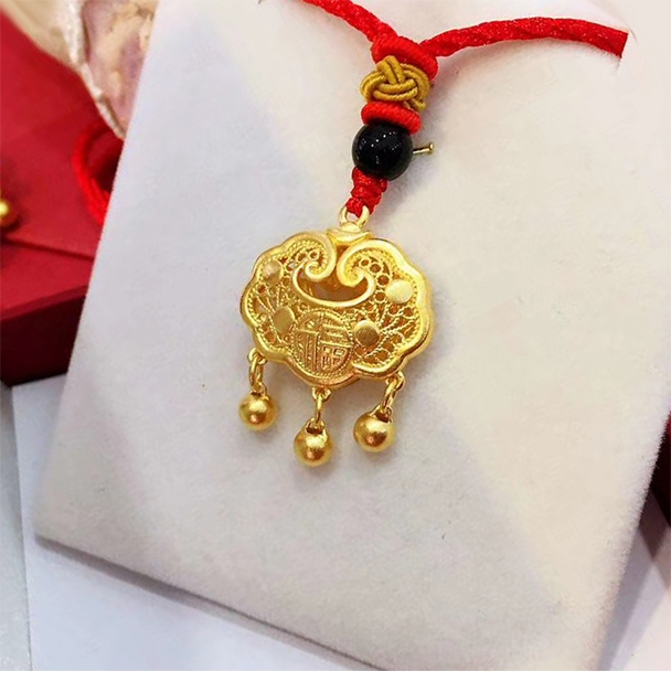 妙灵阁 古法金长命锁黄金大人吊坠镂空福锁足金宝宝满月金饰红绳项链