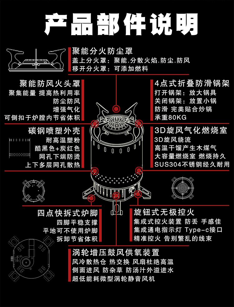 柴火灶 简约风风火轮户外家用柴火炉子野餐炉具野外便携防风木炭气化