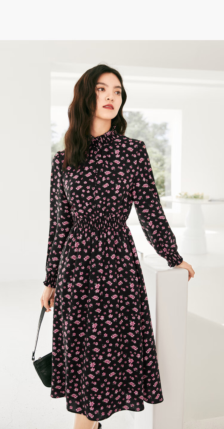 伊芙丽冬季碎花红色连衣裙2021年冬季新款复古法式长袖内搭打底裙粉红